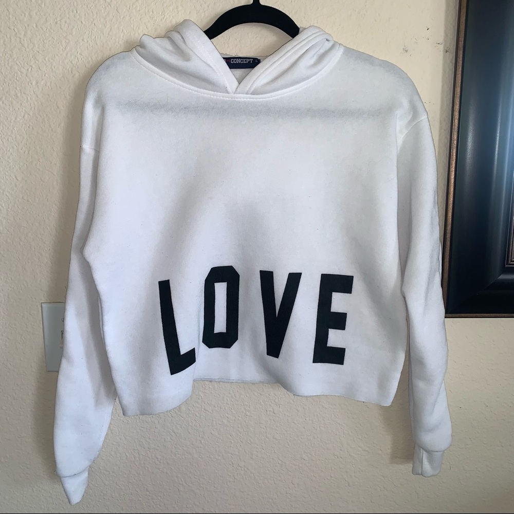 White Cropped Graphic Hoodie